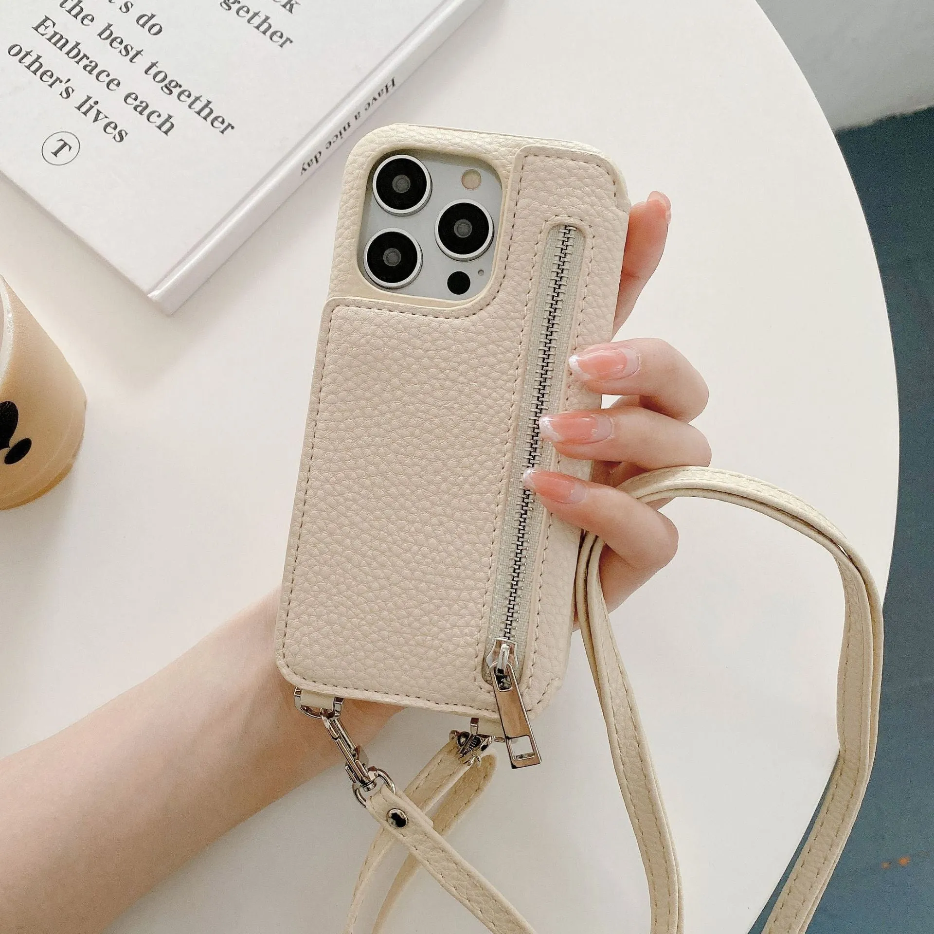 Lychee pattern imitation leather two-fold phone case with card slots and mirror, crossbody strap, for iPhone