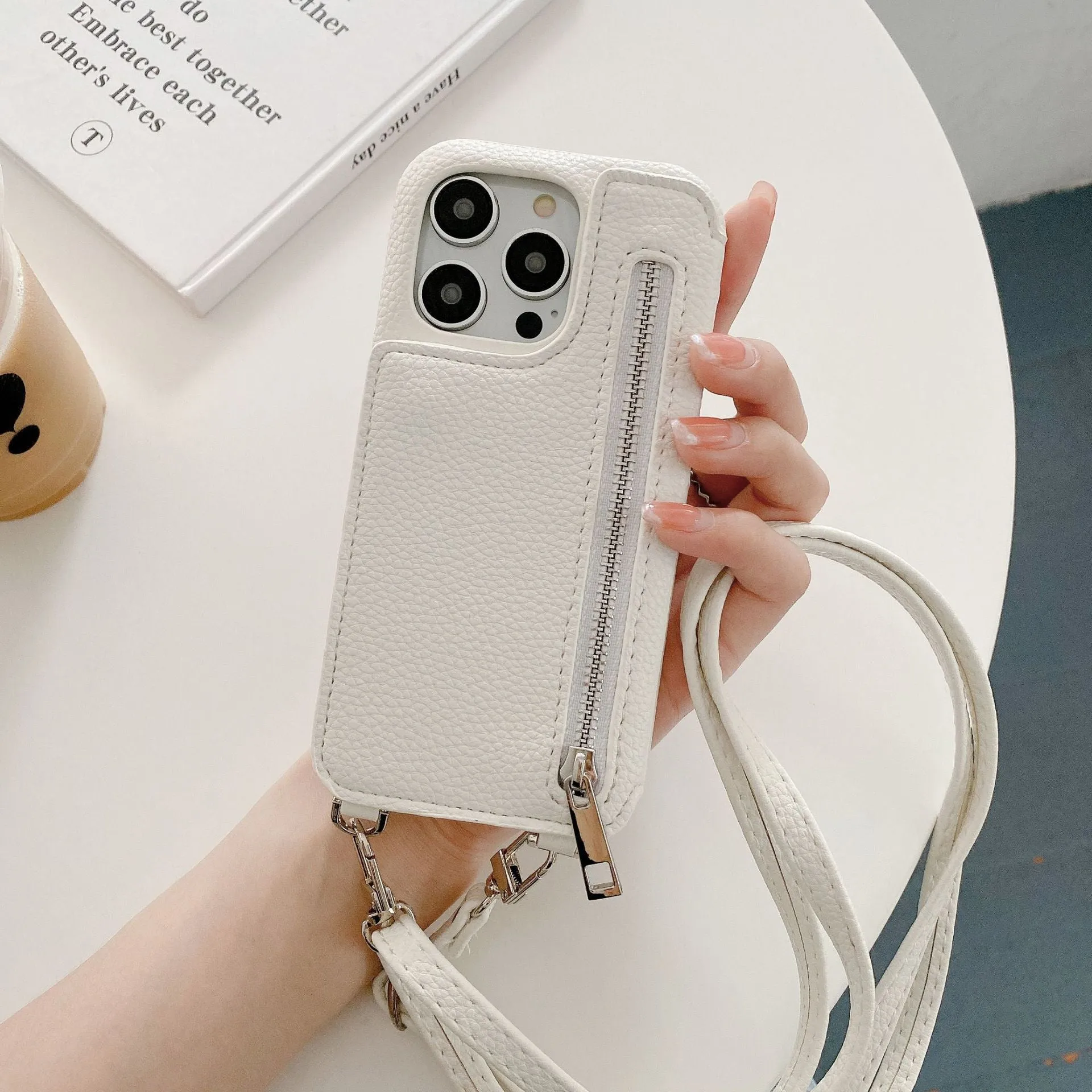 Lychee pattern imitation leather two-fold phone case with card slots and mirror, crossbody strap, for iPhone