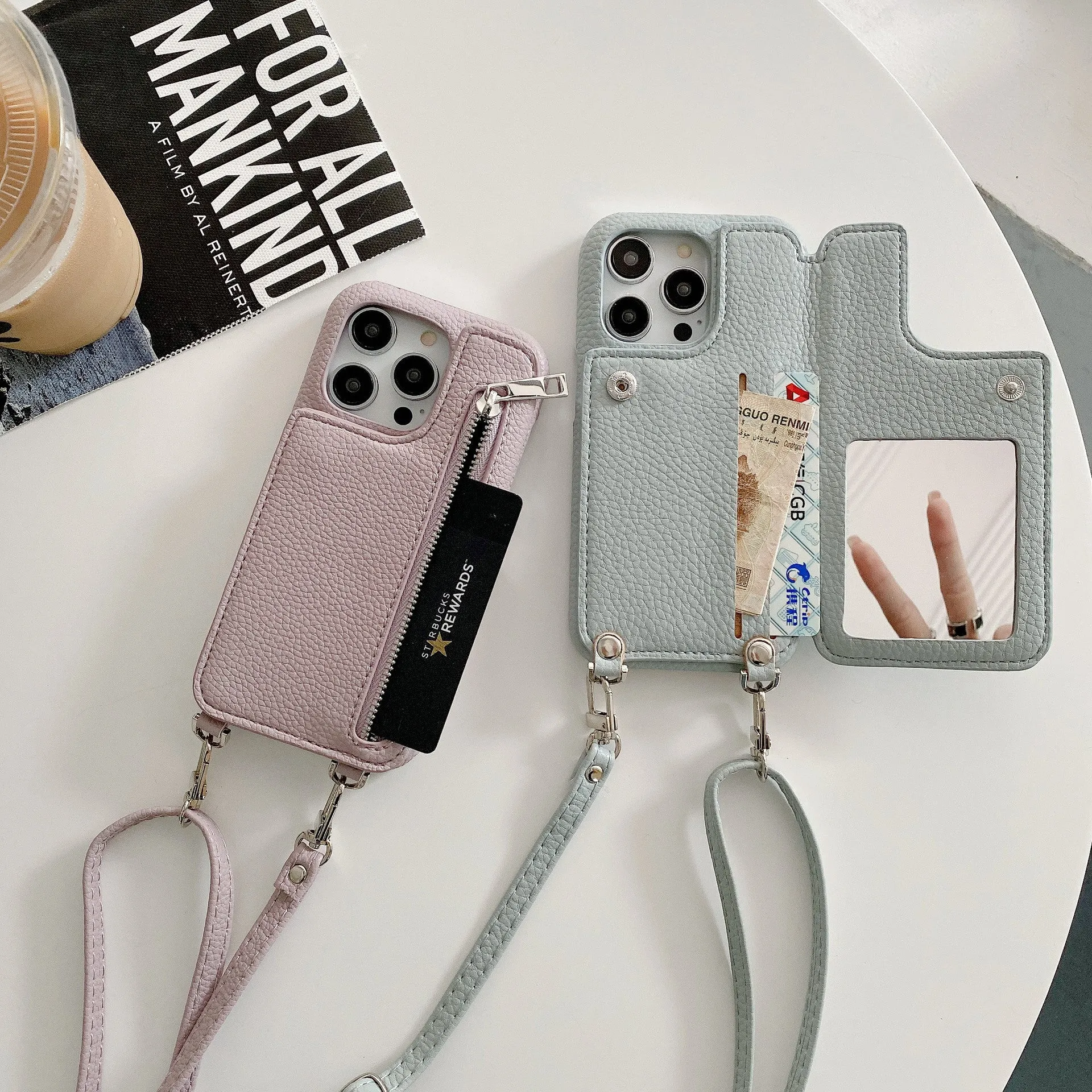 Lychee pattern imitation leather two-fold phone case with card slots and mirror, crossbody strap, for iPhone