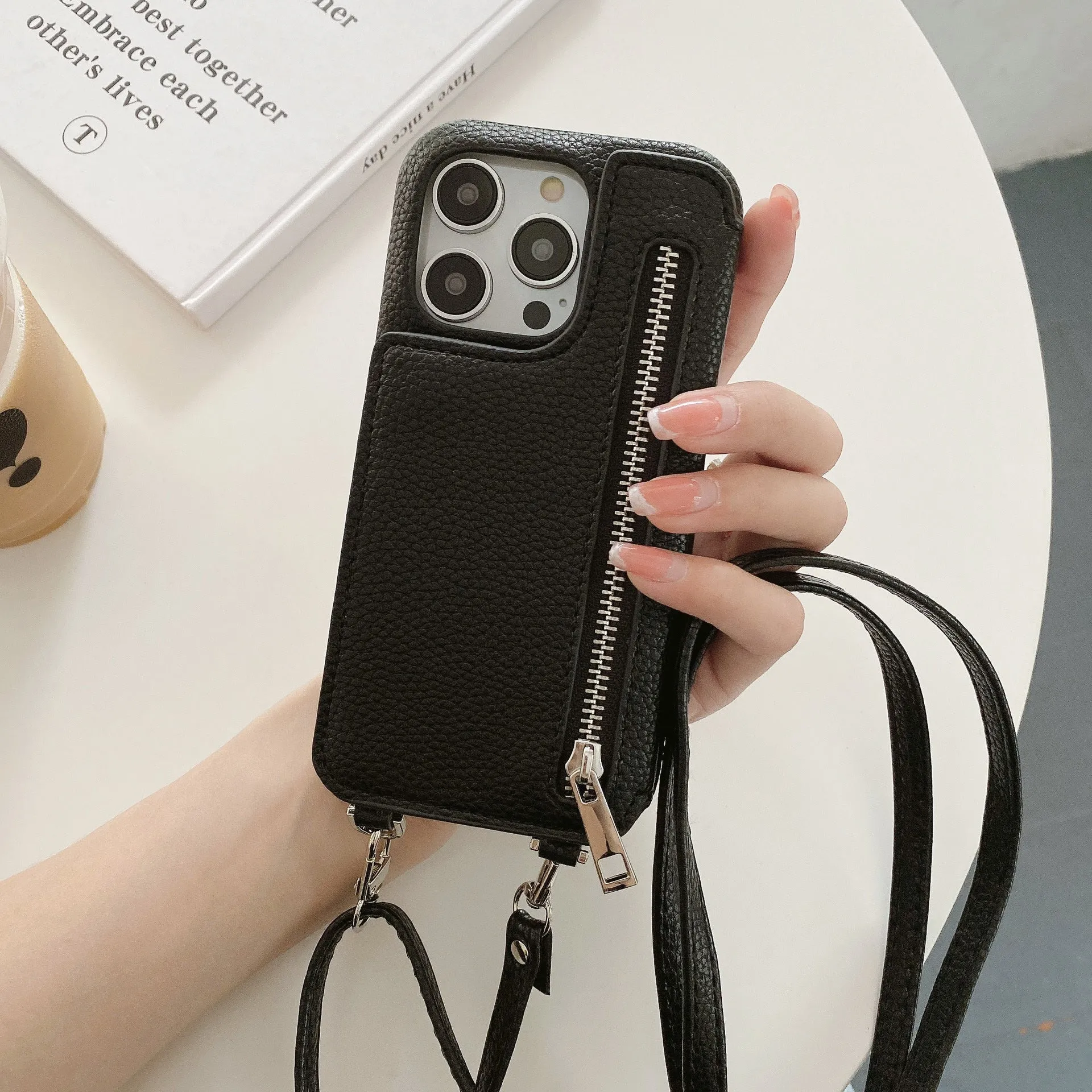 Lychee pattern imitation leather two-fold phone case with card slots and mirror, crossbody strap, for iPhone