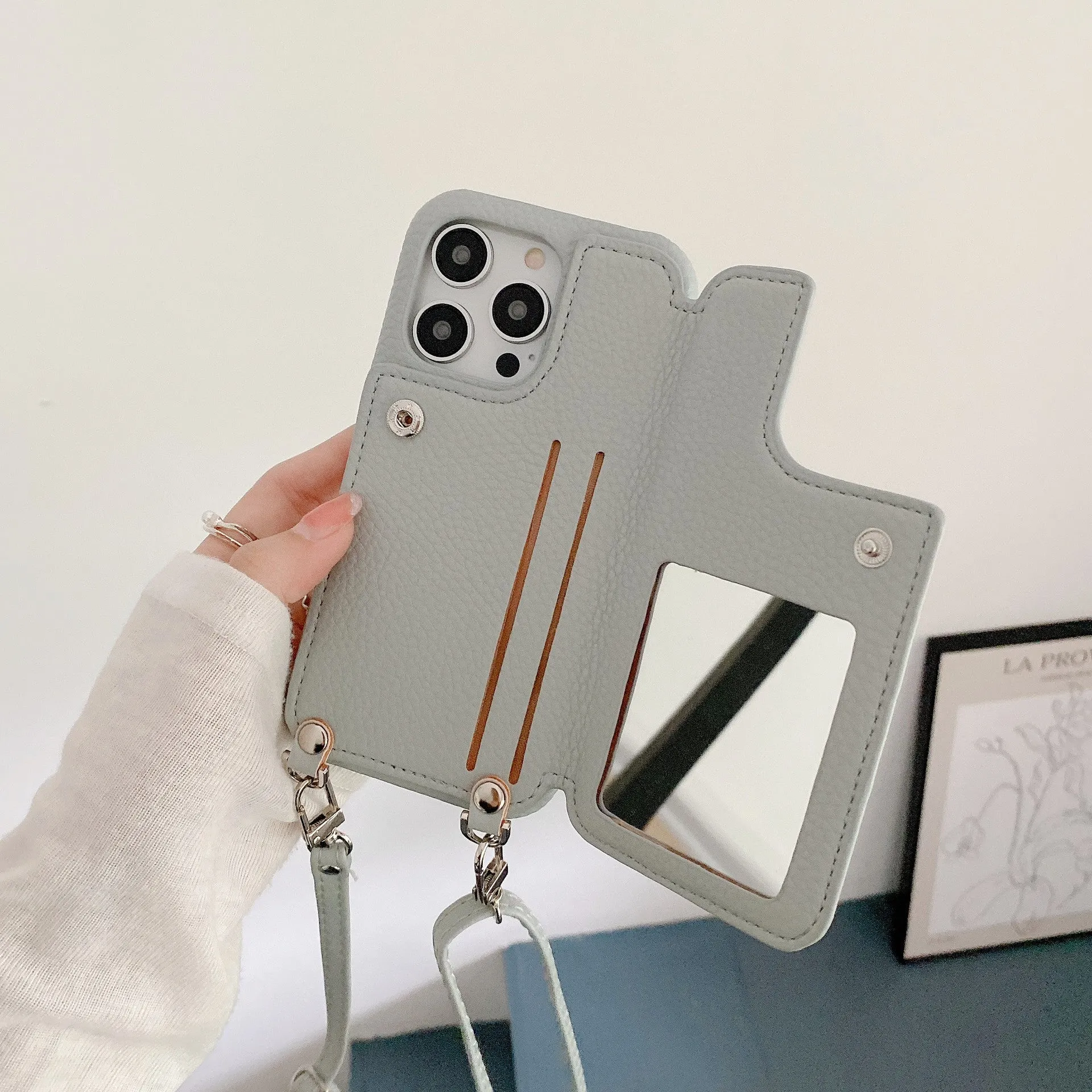 Lychee pattern imitation leather two-fold phone case with card slots and mirror, crossbody strap, for iPhone