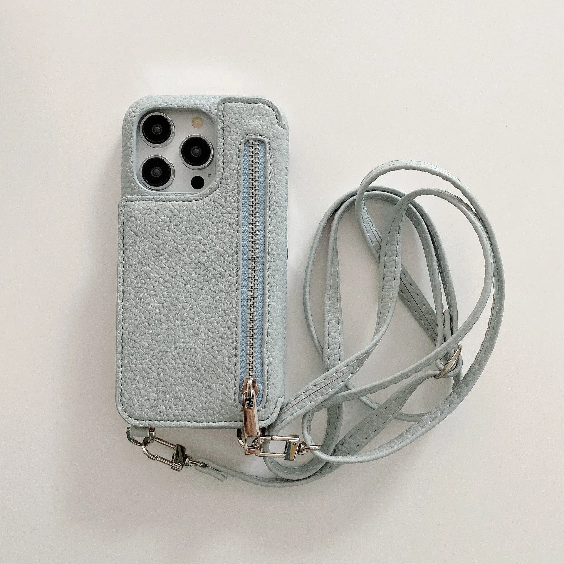 Lychee pattern imitation leather two-fold phone case with card slots and mirror, crossbody strap, for iPhone