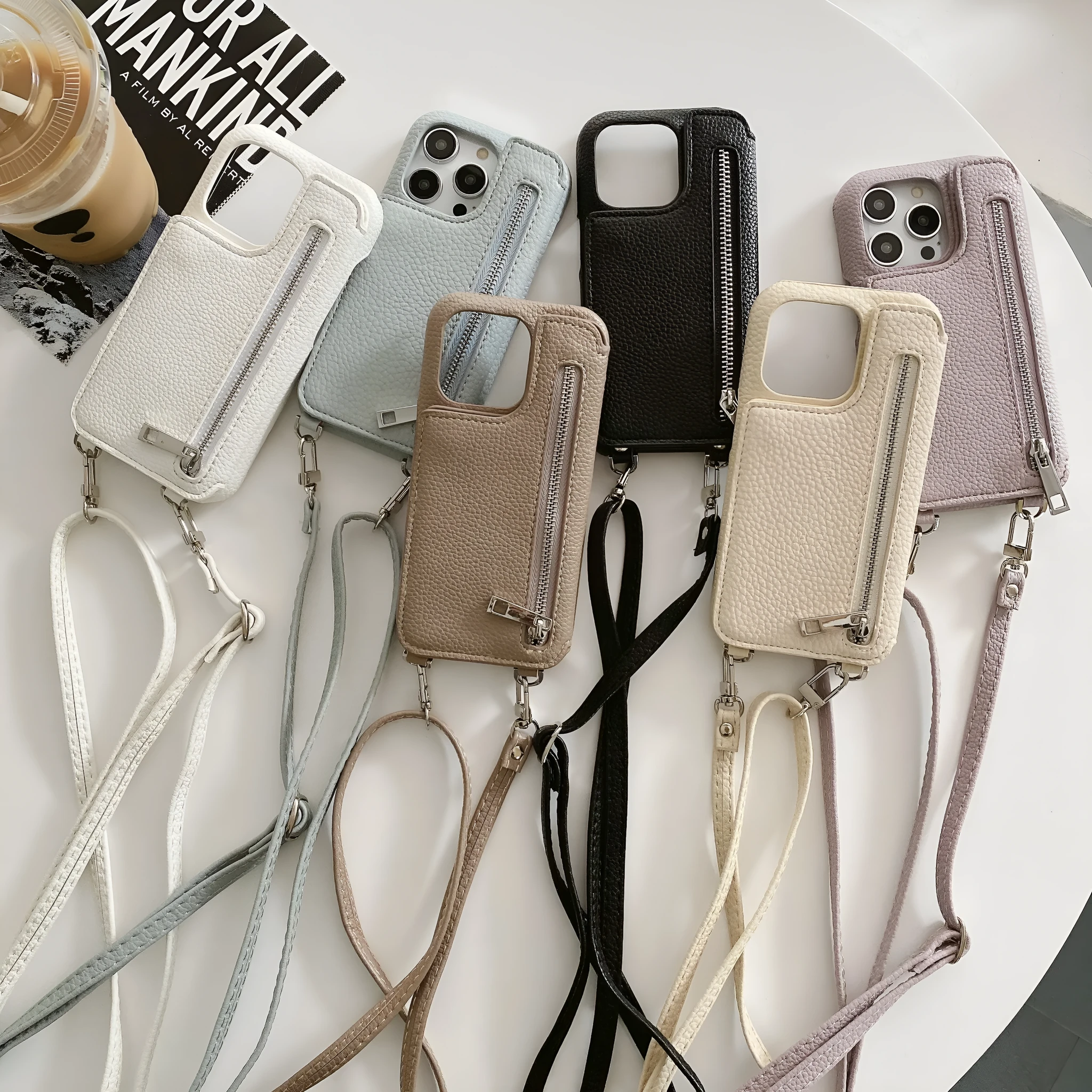 Lychee pattern imitation leather two-fold phone case with card slots and mirror, crossbody strap, for iPhone
