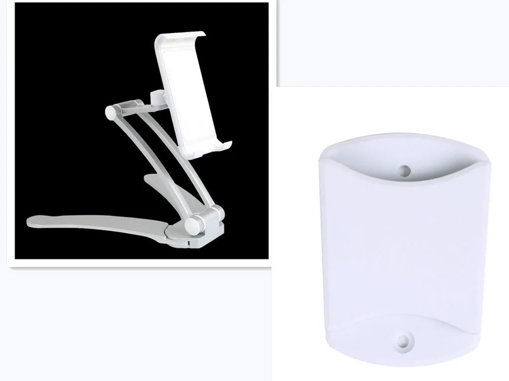 Silver aluminium alloy desktop tablet stand with white mount holding a tablet at an angle.