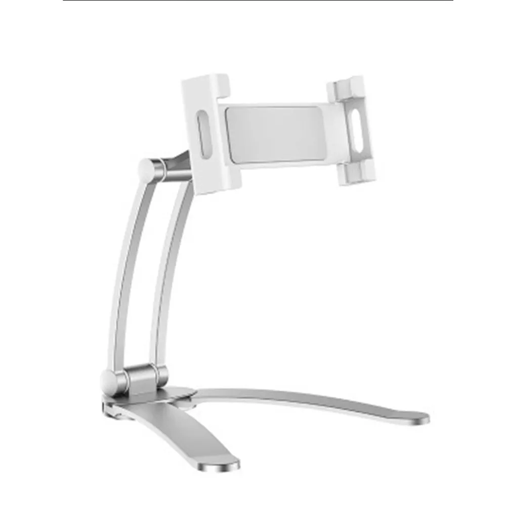 Silver aluminium alloy desktop tablet stand with white mount holding a tablet at an angle.