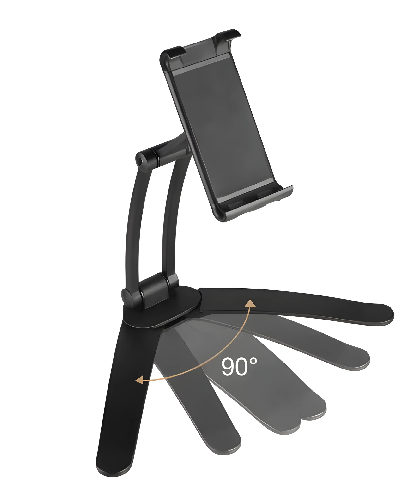 Silver aluminium alloy desktop tablet stand with white mount holding a tablet at an angle.