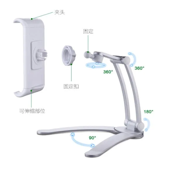 Silver aluminium alloy desktop tablet stand with white mount holding a tablet at an angle.