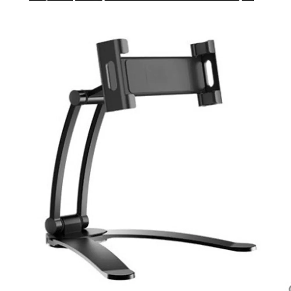 Silver aluminium alloy desktop tablet stand with white mount holding a tablet at an angle.