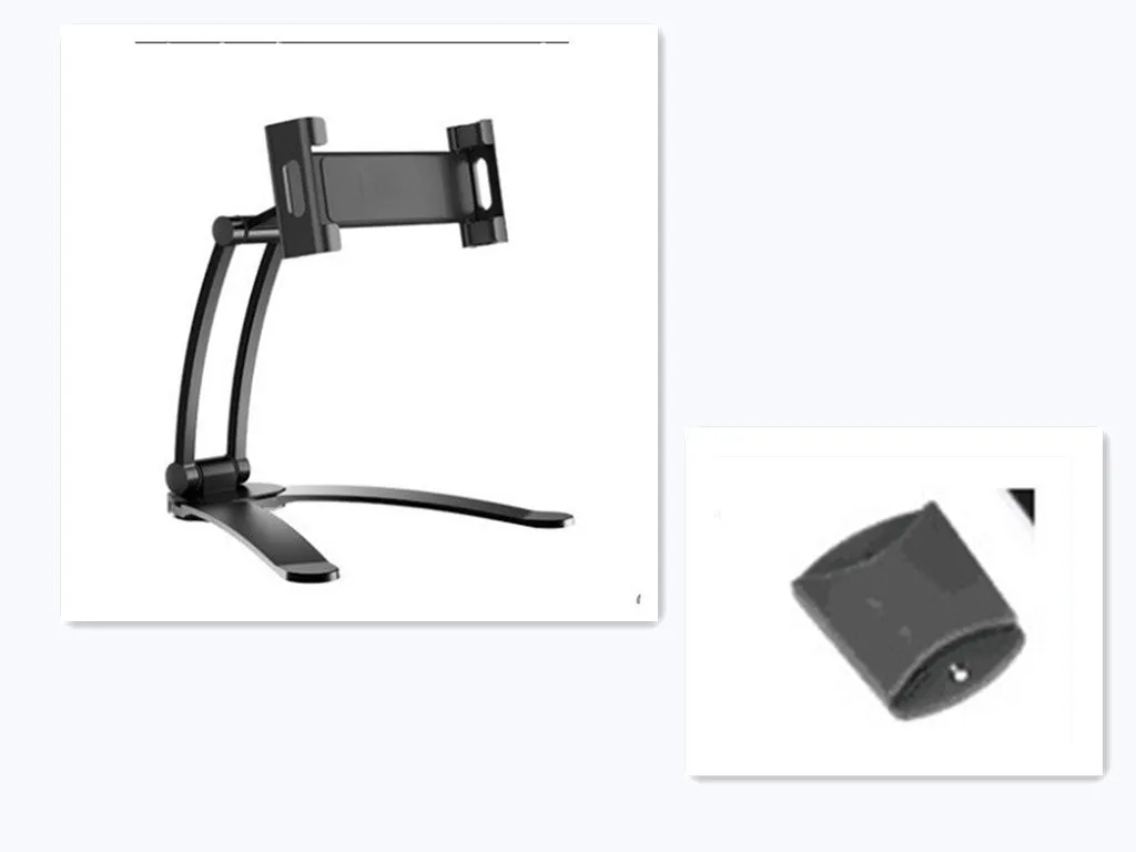 Silver aluminium alloy desktop tablet stand with white mount holding a tablet at an angle.
