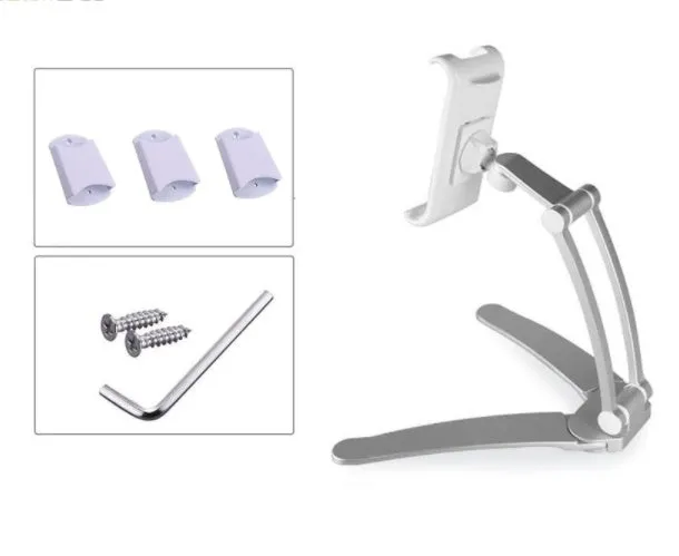 Silver aluminium alloy desktop tablet stand with white mount holding a tablet at an angle.