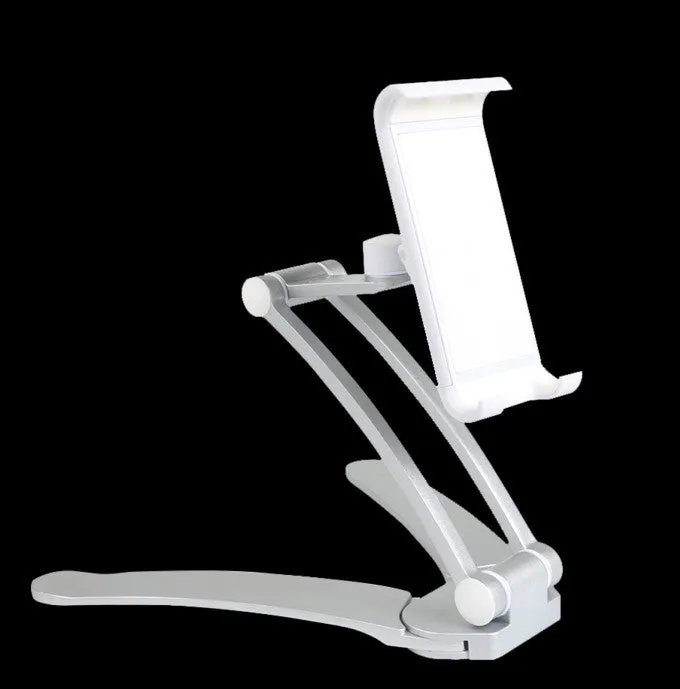 Silver aluminium alloy desktop tablet stand with white mount holding a tablet at an angle.