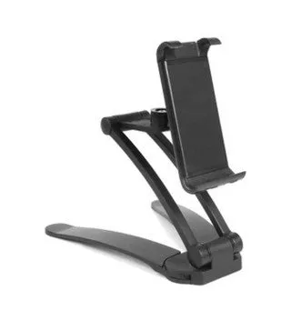 Silver aluminium alloy desktop tablet stand with white mount holding a tablet at an angle.
