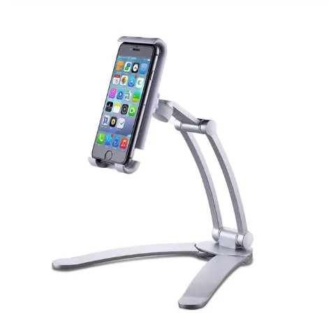 Silver aluminium alloy desktop tablet stand with white mount holding a tablet at an angle.