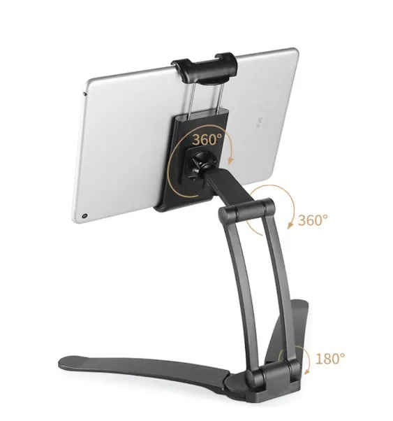 Silver aluminium alloy desktop tablet stand with white mount holding a tablet at an angle.