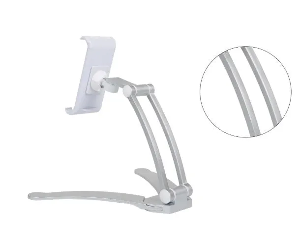 Silver aluminium alloy desktop tablet stand with white mount holding a tablet at an angle.