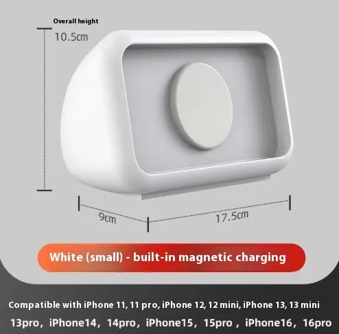 Magnetic wireless charging phone holder stand with alarm clock in white, small size, on a wooden desktop
