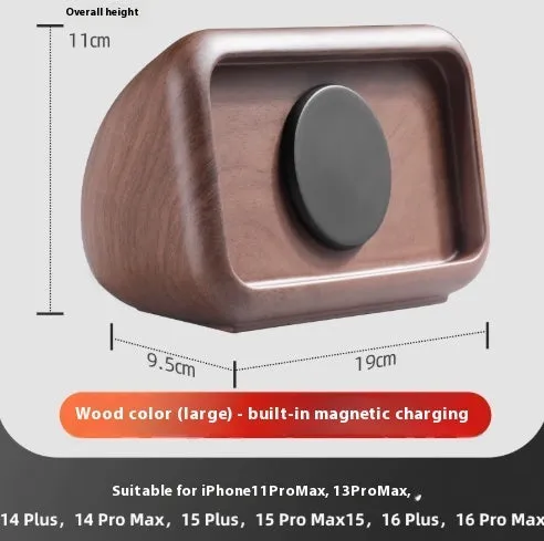 Magnetic wireless charging phone holder stand with alarm clock in white, small size, on a wooden desktop