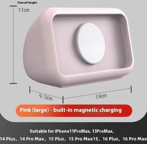 Magnetic wireless charging phone holder stand with alarm clock in white, small size, on a wooden desktop