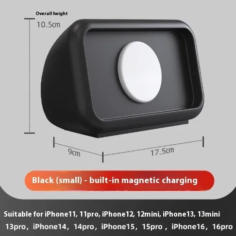 Magnetic wireless charging phone holder stand with alarm clock in white, small size, on a wooden desktop