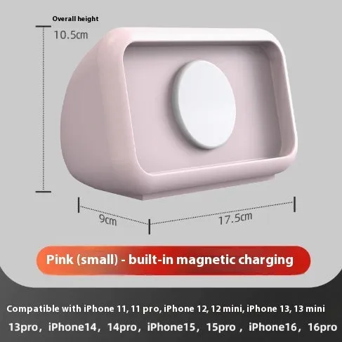 Magnetic wireless charging phone holder stand with alarm clock in white, small size, on a wooden desktop