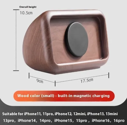 Magnetic wireless charging phone holder stand with alarm clock in white, small size, on a wooden desktop