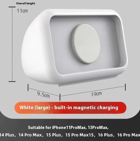 Magnetic wireless charging phone holder stand with alarm clock in white, small size, on a wooden desktop