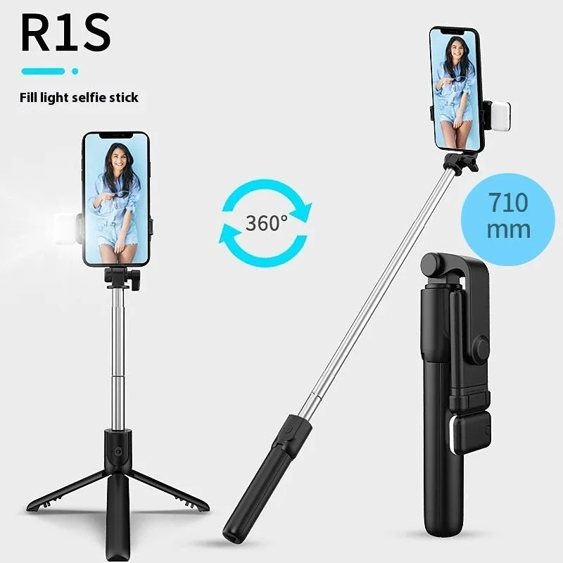 Black portable tripod selfie stick with stainless steel and alloy construction for mobile phone holder