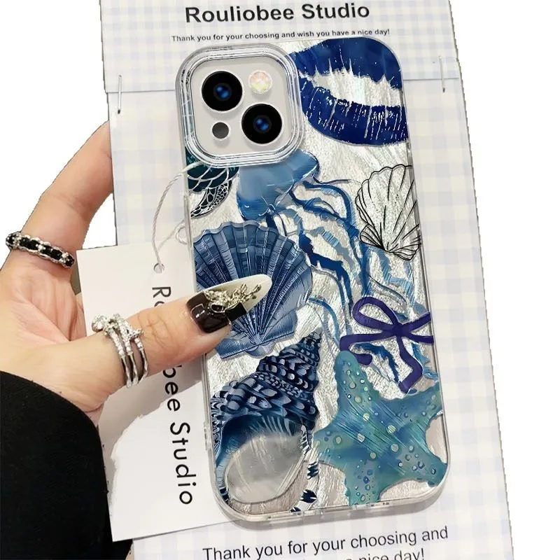 Coral shell large hole feather yarn TPU phone case for Apple iPhone in blue Star River yinshanhu colour