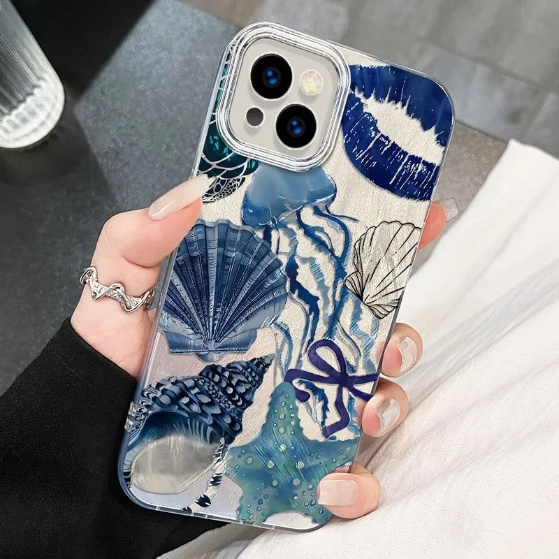 Coral shell large hole feather yarn TPU phone case for Apple iPhone in blue Star River yinshanhu colour