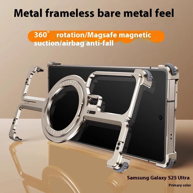 Metal frameless phone case with magnetic bracket for Samsung S23ultra in Desert Gold