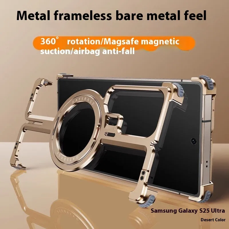 Metal frameless phone case with magnetic bracket for Samsung S23ultra in Desert Gold