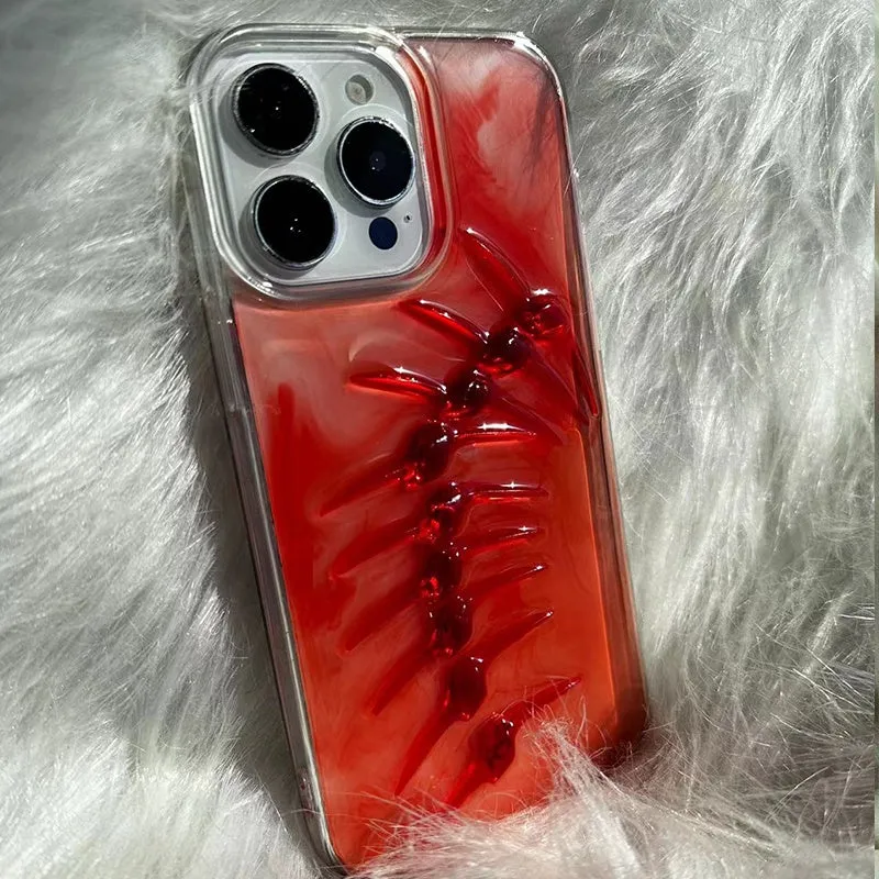 Red silicone phone case with halo staining fish bones design for iPhone models