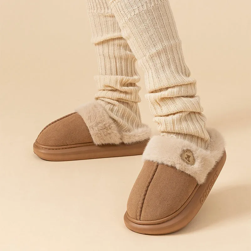 Plush fleece winter slippers with thick PVC soles in black, blue, brown, khaki or pink