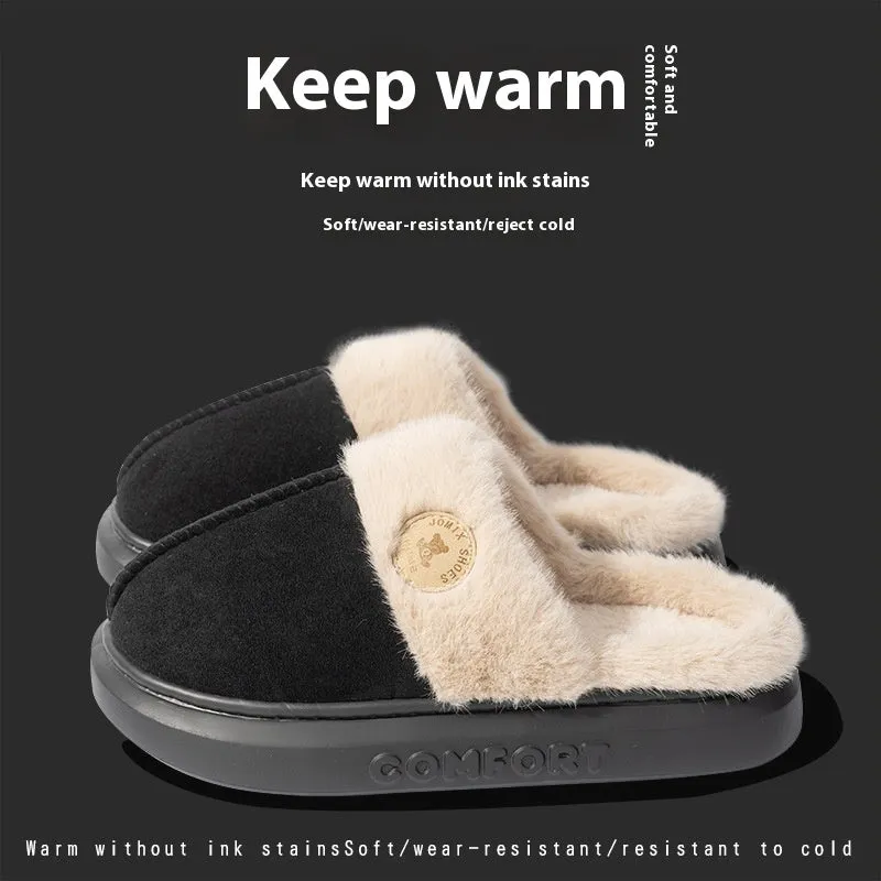 Plush fleece winter slippers with thick PVC soles in black, blue, brown, khaki or pink