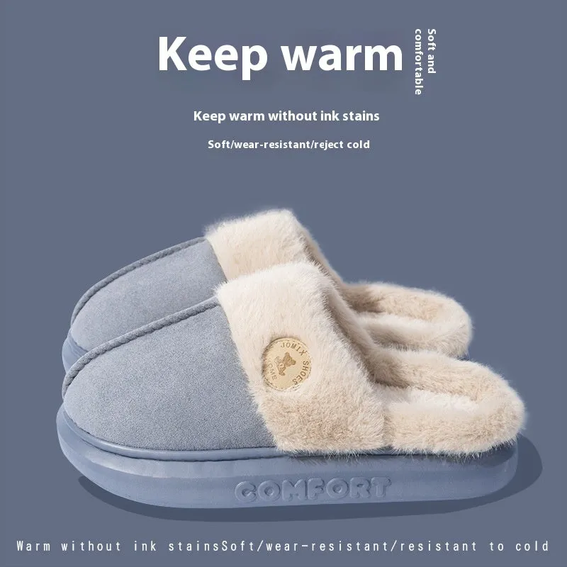 Plush fleece winter slippers with thick PVC soles in black, blue, brown, khaki or pink