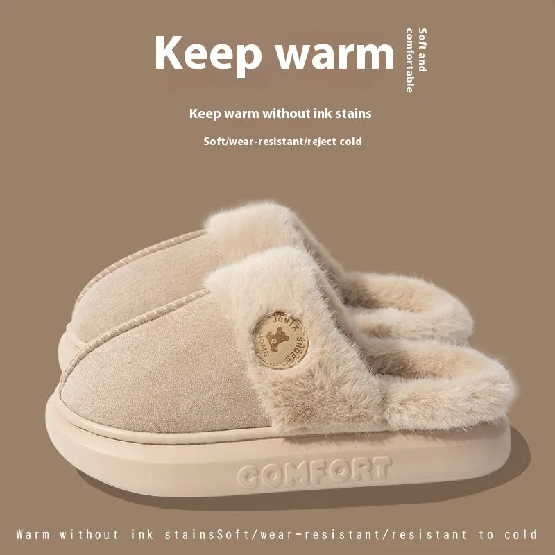 Plush fleece winter slippers with thick PVC soles in black, blue, brown, khaki or pink