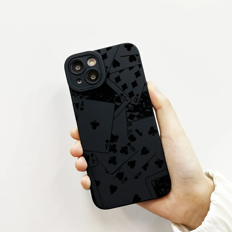 Black silicone phone case with playing cards and text design for iPhone 16 15 14 13 12 11 Pro Max
