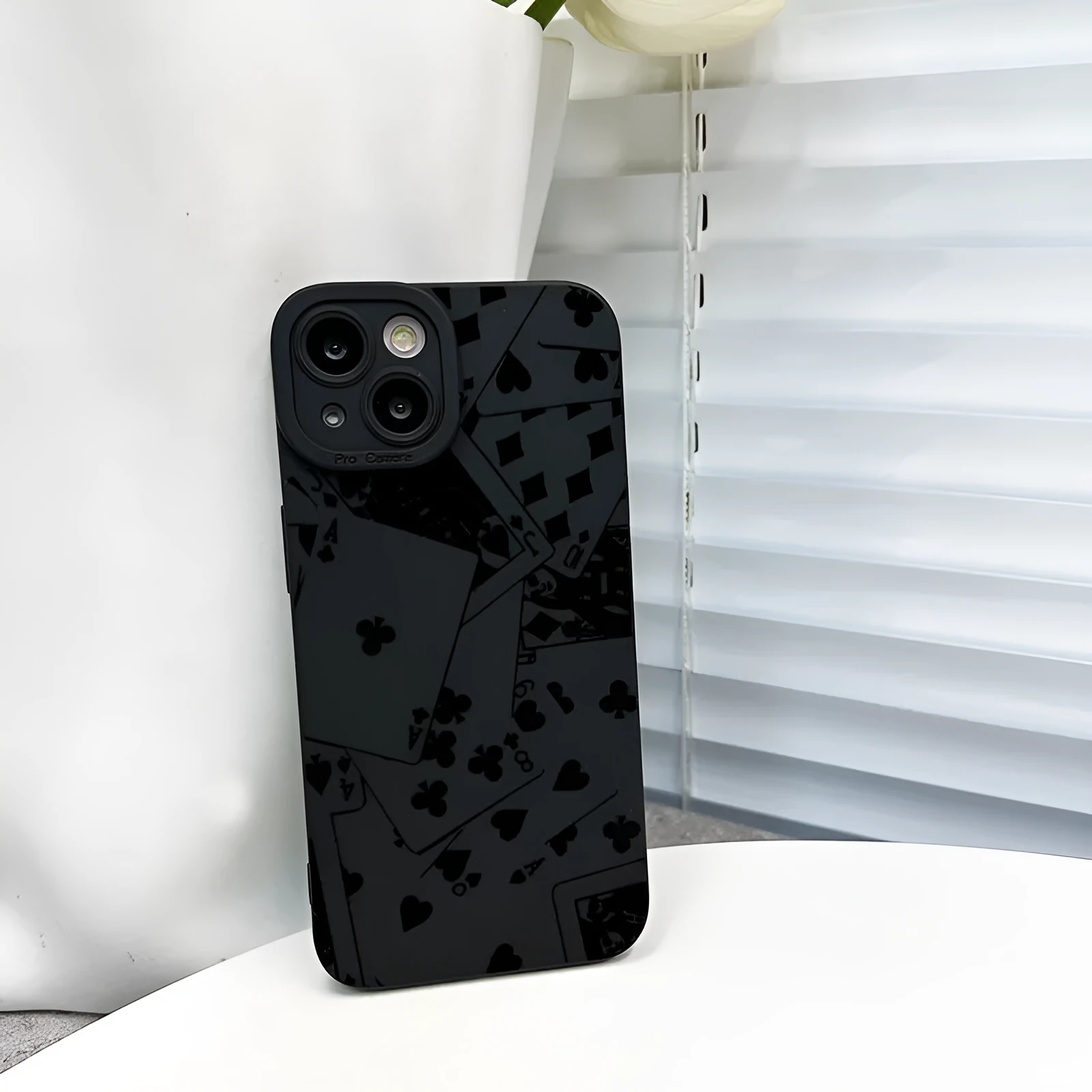 Black silicone phone case with playing cards and text design for iPhone 16 15 14 13 12 11 Pro Max
