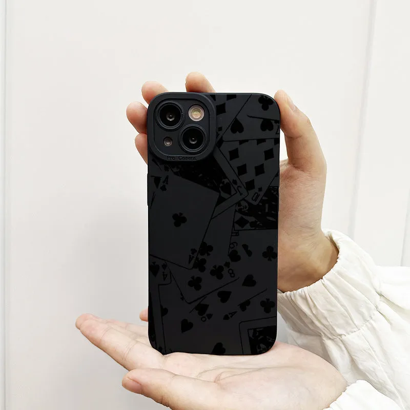 Black silicone phone case with playing cards and text design for iPhone 16 15 14 13 12 11 Pro Max
