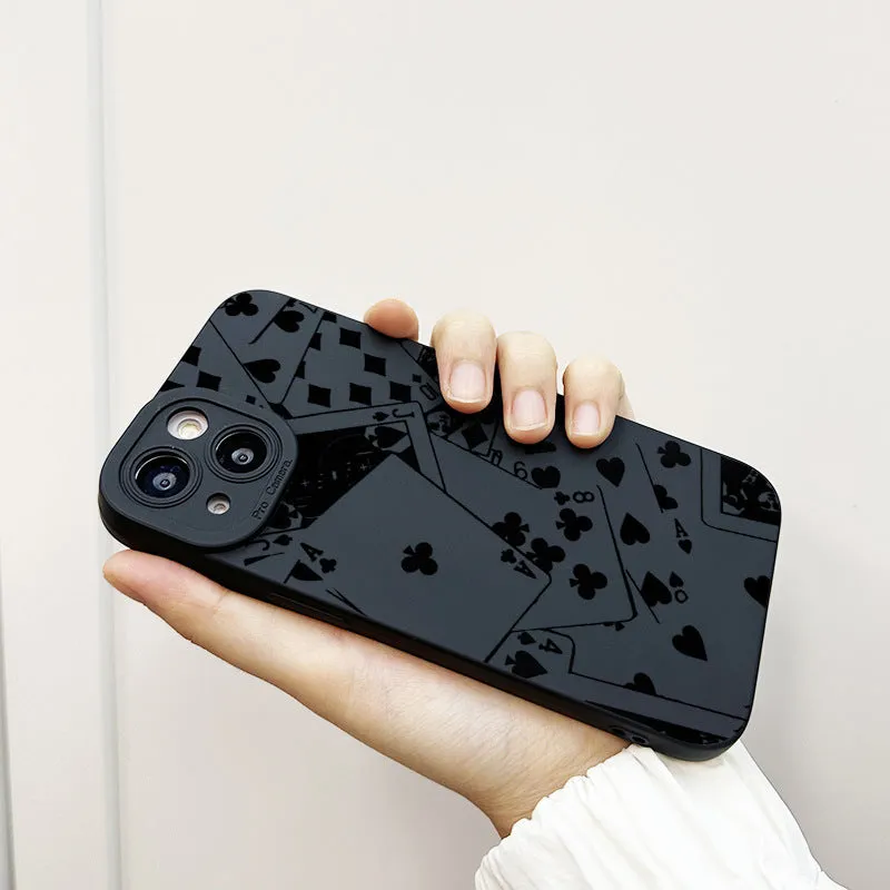 Black silicone phone case with playing cards and text design for iPhone 16 15 14 13 12 11 Pro Max