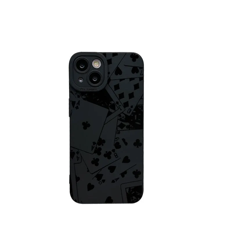 Black silicone phone case with playing cards and text design for iPhone 16 15 14 13 12 11 Pro Max