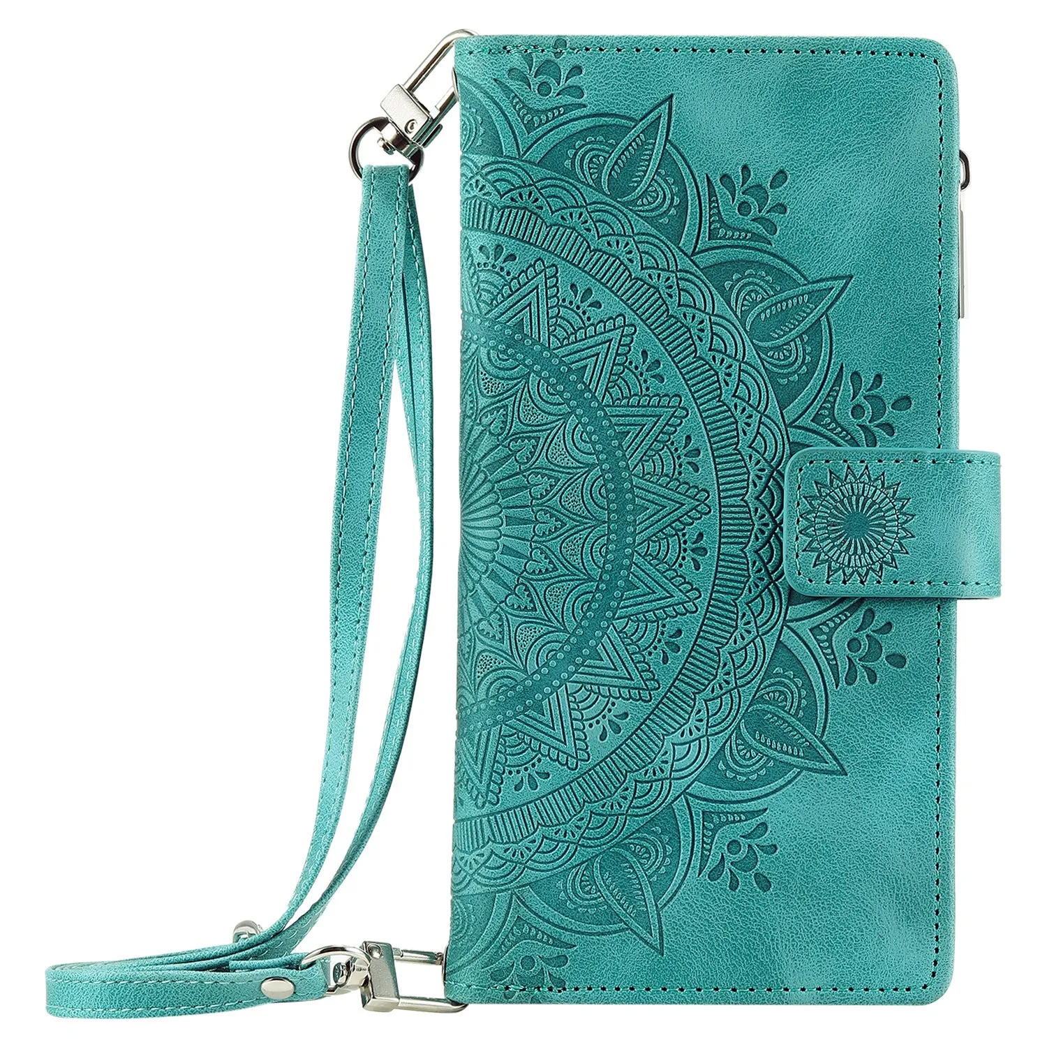 Multi-card embossed totem leather PU zipper phone case for iPhone with card holder in black