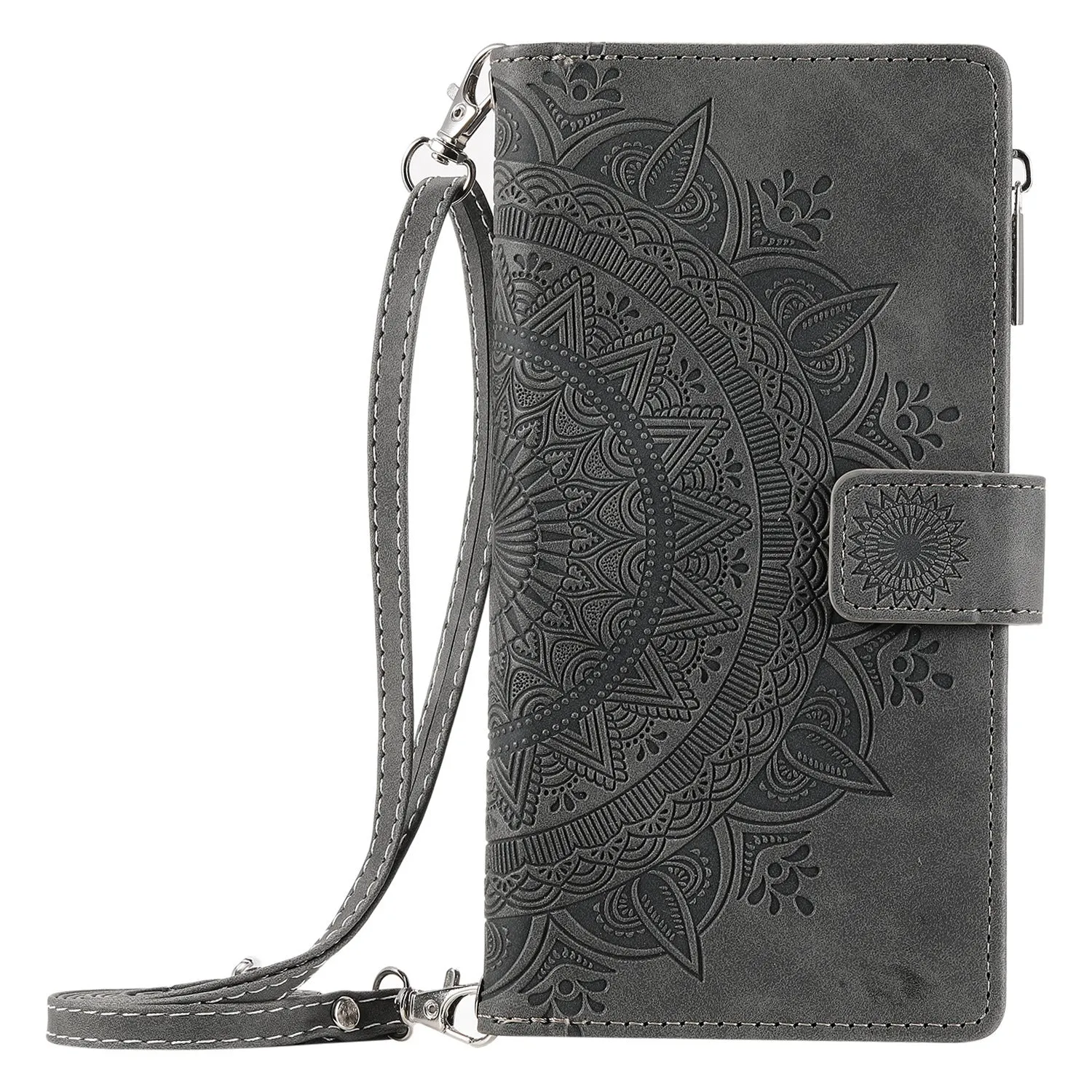 Multi-card embossed totem leather PU zipper phone case for iPhone with card holder in black