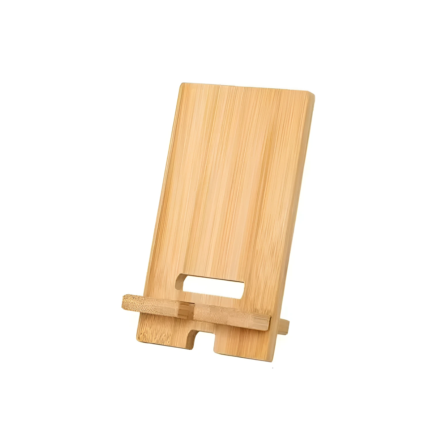 Three-layer solid wood bamboo retro phone holder on desk with mobile phone and small accessories