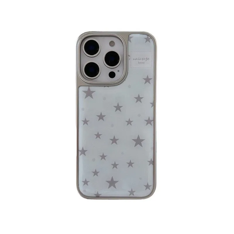 Blue epoxy phone case with five-pointed star pattern and electroplated silver edge for iPhone 15 Pro Max