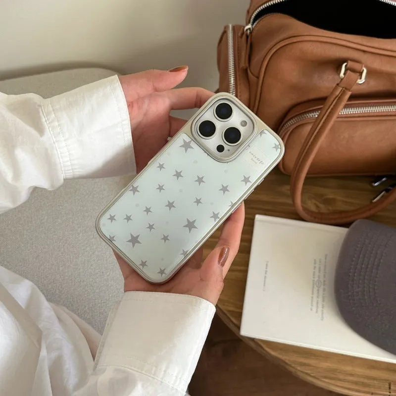 Blue epoxy phone case with five-pointed star pattern and electroplated silver edge for iPhone 15 Pro Max