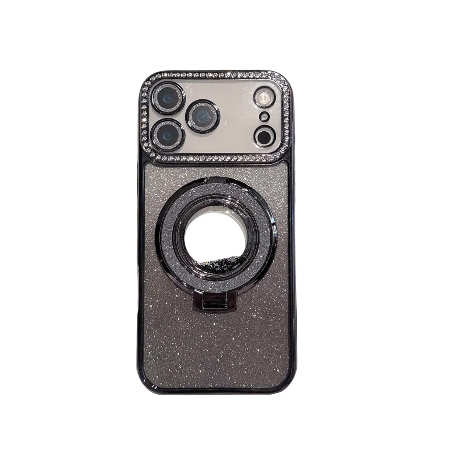 Edge diamond magnetic quicksand bracket phone case in black for iPhone 14 with anti-slip texture
