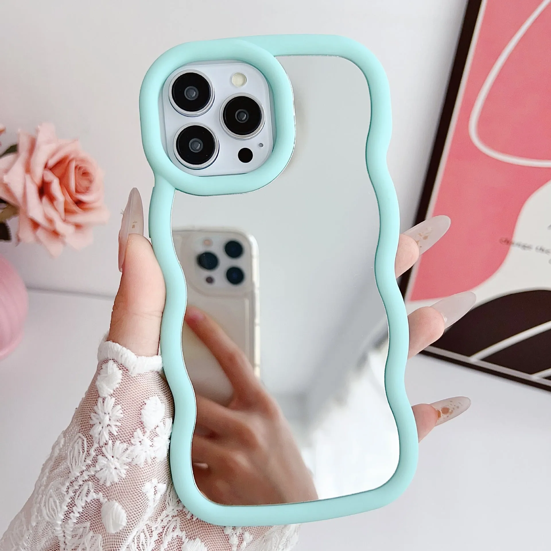 Silicone cloud wave phone case for iPhone 12-16, black back cover with mirror and stereo elements