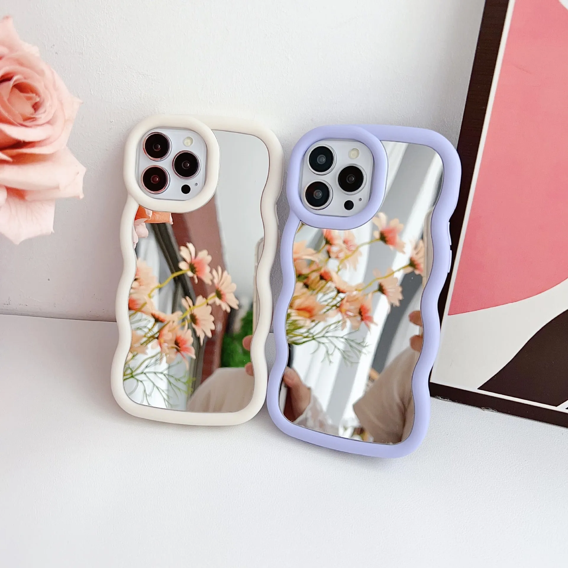 Silicone cloud wave phone case for iPhone 12-16, black back cover with mirror and stereo elements
