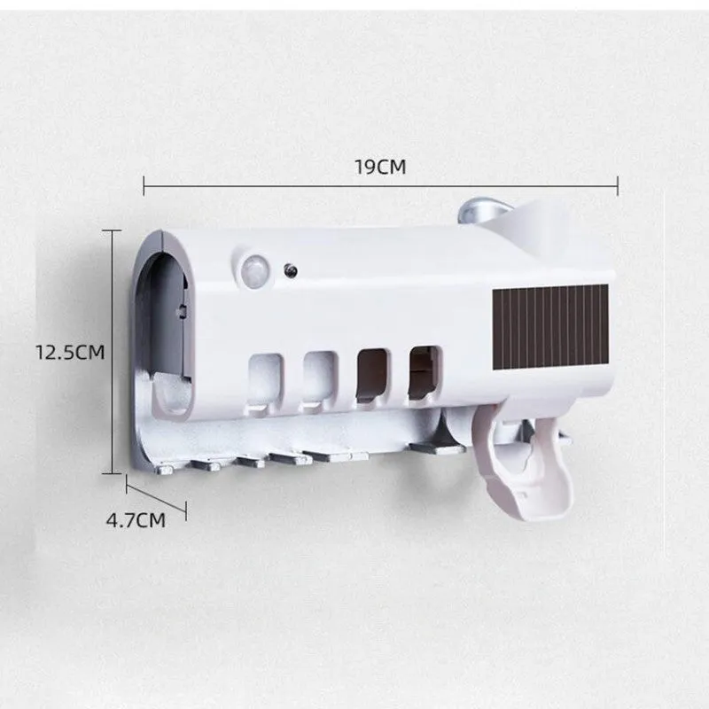 Black intelligent UV toothbrush steriliser with automatic toothpaste squeezer mounted on bathroom wall
